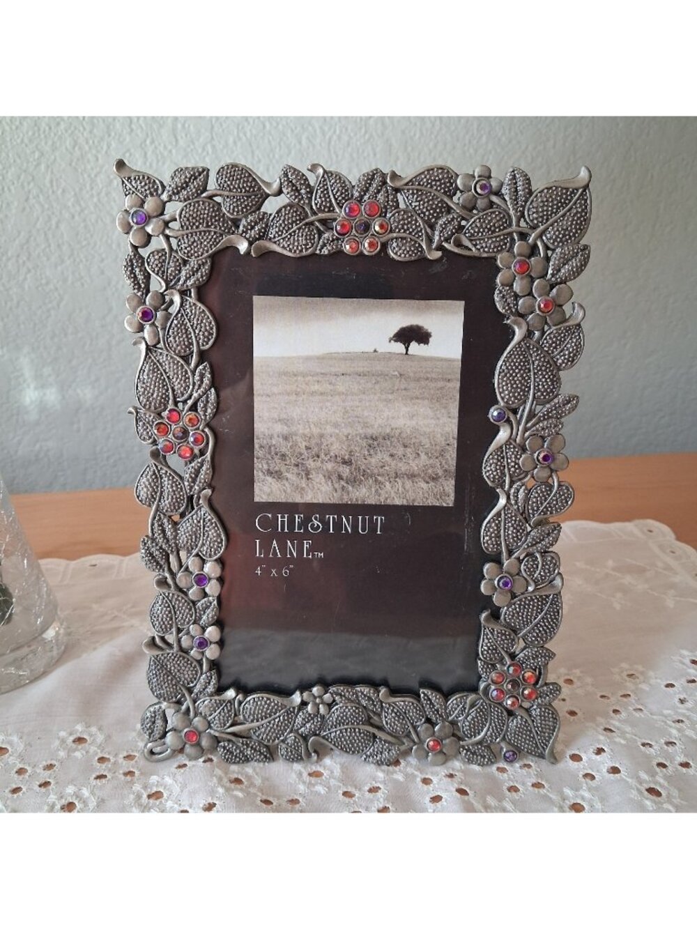 Ornate Pewter Metal Silver Tone Tabletop Picture Frame Rhinestones Chestnut Lane